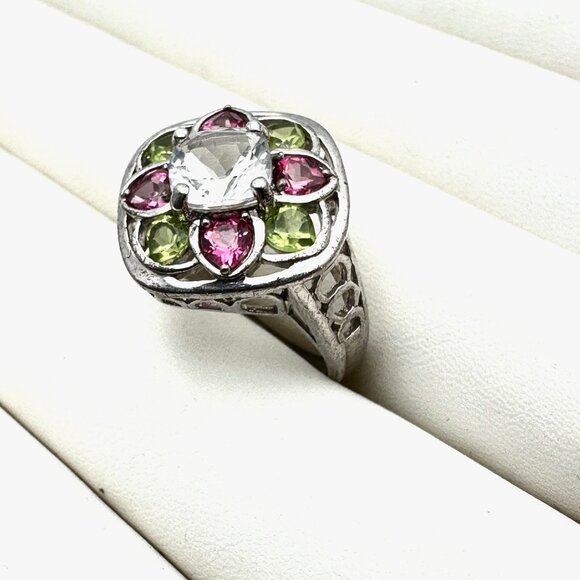 Designer J&T Multi Gemstone Sterling Silver Statement Ring Size 10 - Picture 3 of 3